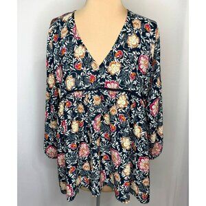Knox Rose Womens Plus Size 1X Floral Print V-Neck Tunic Top Navy Floral